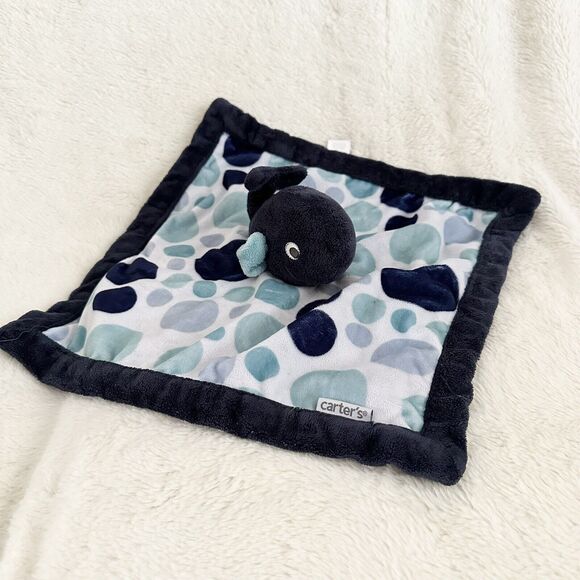 Carter's Baby Whale Lovey Security Blanket Navy Blue Trim Polka Dots Plush Toy - Picture 1 of 7